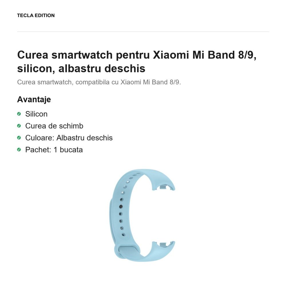 Curea smartwatch pentru Xiaomi Mi Band 8/9, silicon, albastru deschis [2]