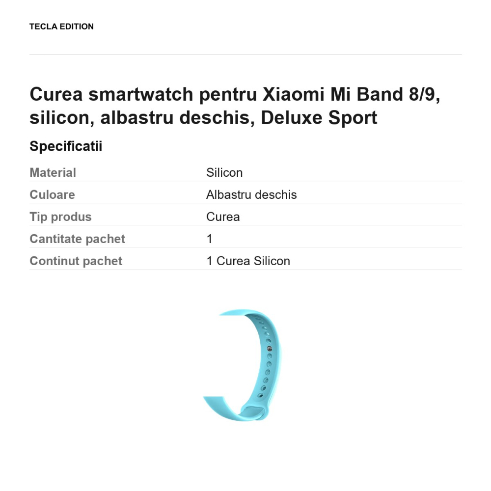 Curea smartwatch pentru Xiaomi Mi Band 8/9, silicon, albastru deschis, Deluxe Sport [3]