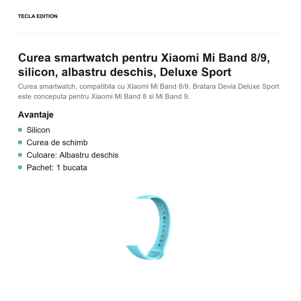 Curea smartwatch pentru Xiaomi Mi Band 8/9, silicon, albastru deschis, Deluxe Sport [2]