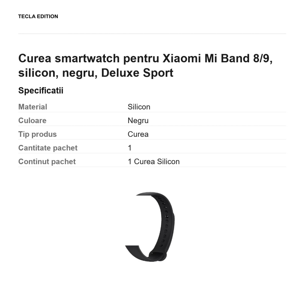Curea smartwatch pentru Xiaomi Mi Band 8/9, silicon, negru, Deluxe Sport [3]