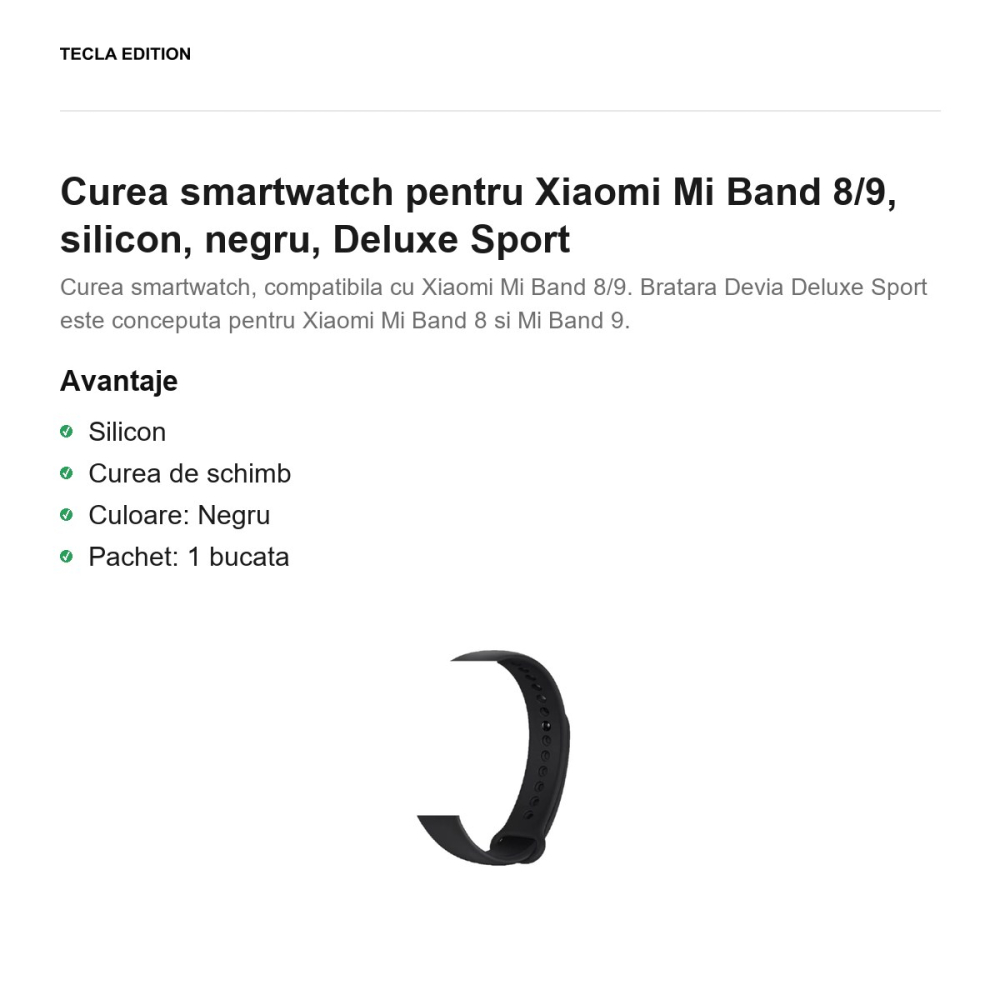 Curea smartwatch pentru Xiaomi Mi Band 8/9, silicon, negru, Deluxe Sport [2]