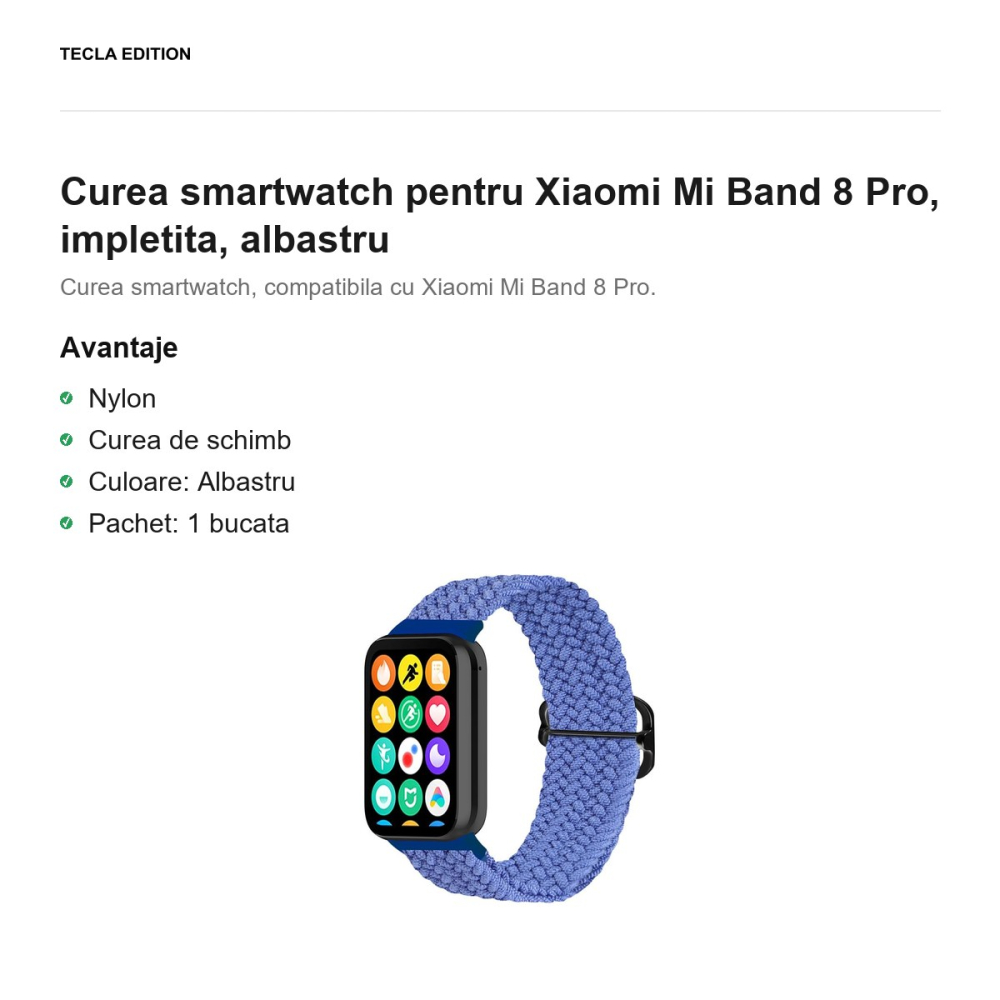 Curea smartwatch pentru Xiaomi Mi Band 8 Pro, impletita, albastru [2]