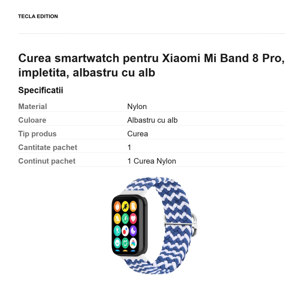 Curea smartwatch pentru Xiaomi Mi Band 8 Pro, impletita, albastru cu alb [3]