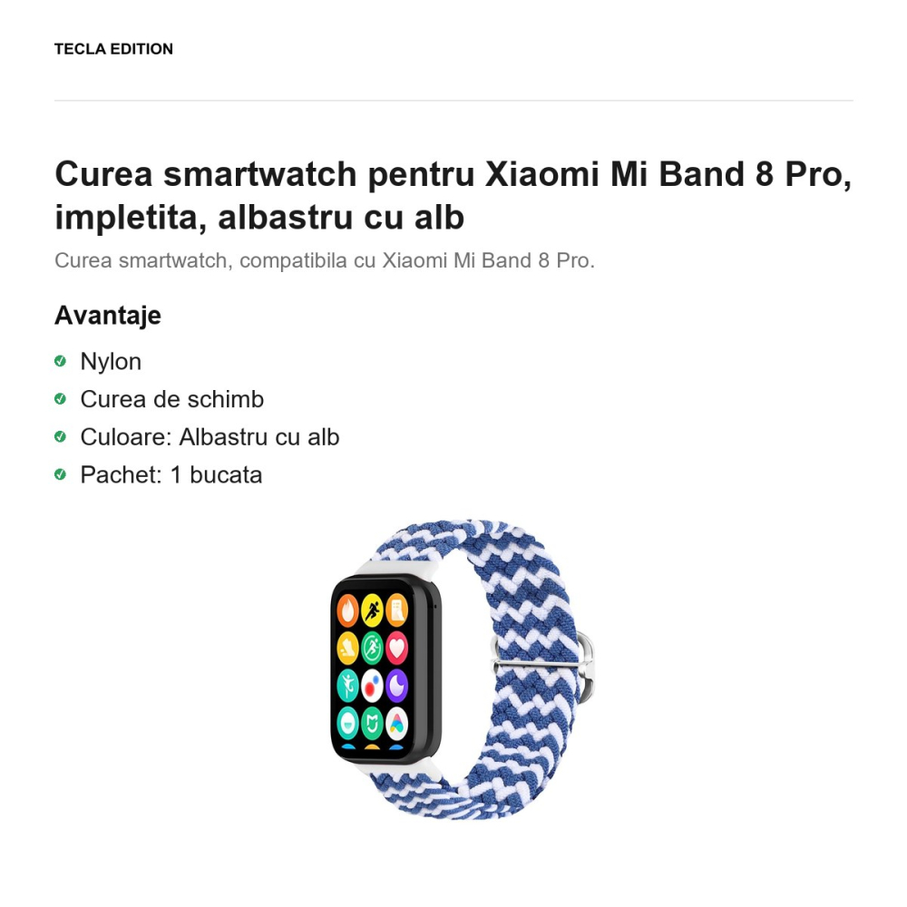 Curea smartwatch pentru Xiaomi Mi Band 8 Pro, impletita, albastru cu alb [2]