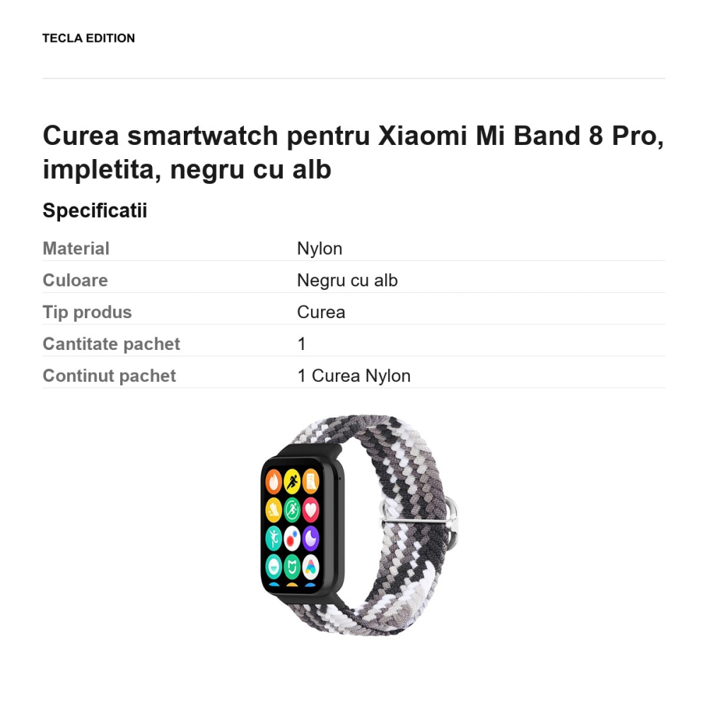 Curea smartwatch pentru Xiaomi Mi Band 8 Pro, impletita, negru cu alb [3]