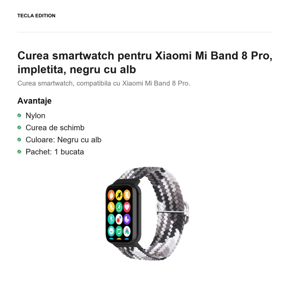 Curea smartwatch pentru Xiaomi Mi Band 8 Pro, impletita, negru cu alb [2]