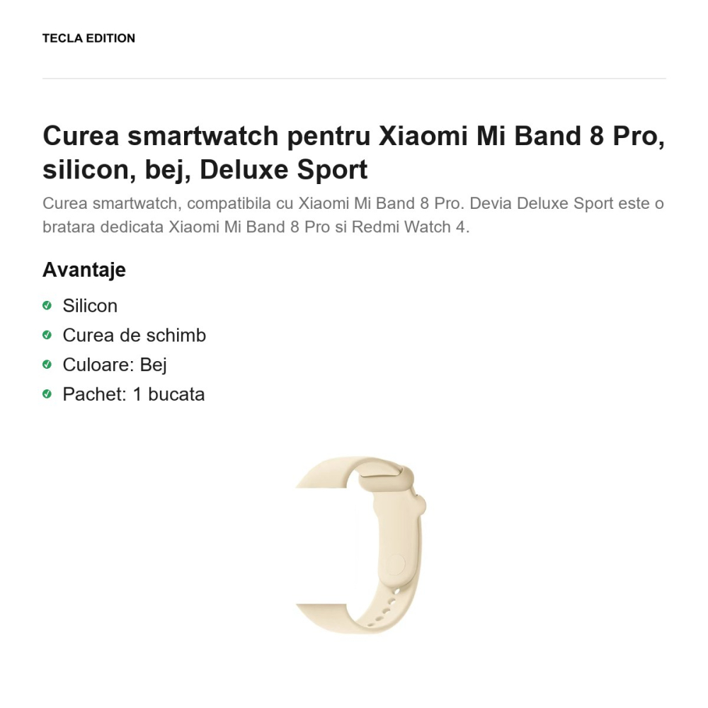 Curea smartwatch pentru Xiaomi Mi Band 8 Pro, silicon, bej, Deluxe Sport [2]