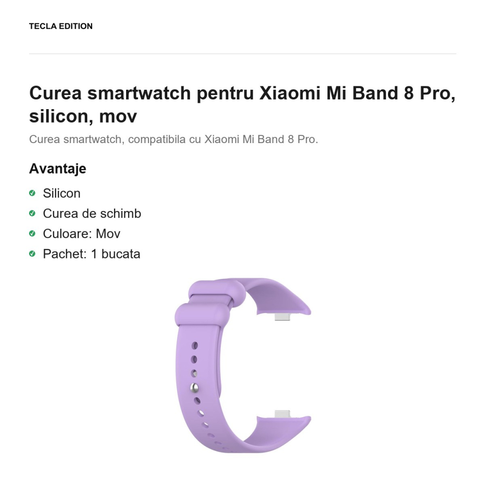 Curea smartwatch pentru Xiaomi Mi Band 8 Pro, silicon, mov [2]