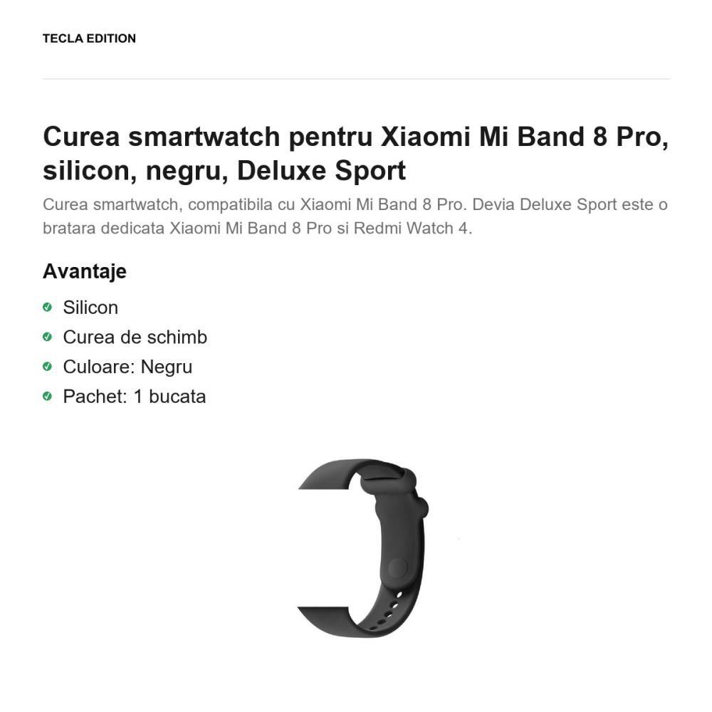 Curea smartwatch pentru Xiaomi Mi Band 8 Pro, silicon, negru, Deluxe Sport [2]