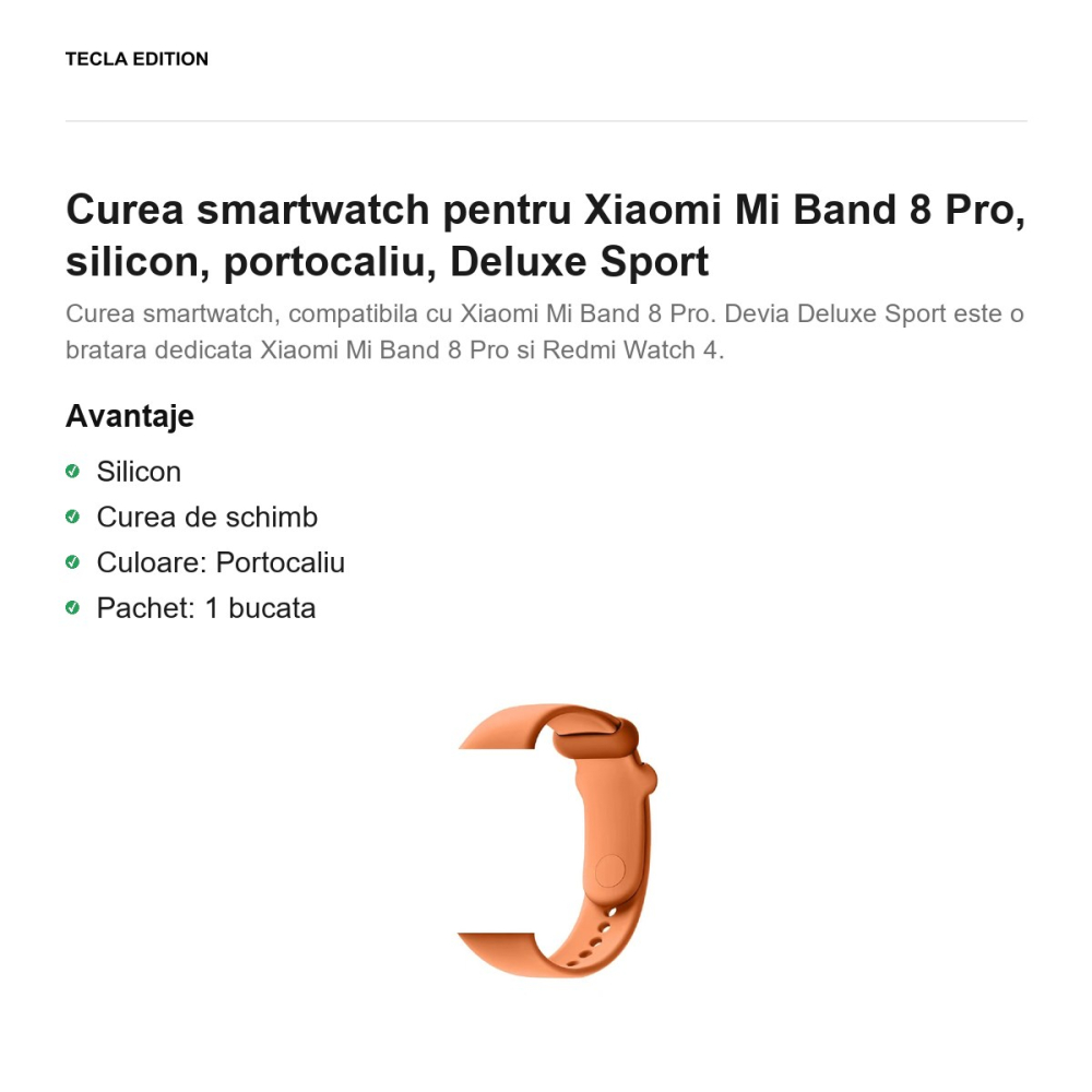 Curea smartwatch pentru Xiaomi Mi Band 8 Pro, silicon, portocaliu, Deluxe Sport [2]