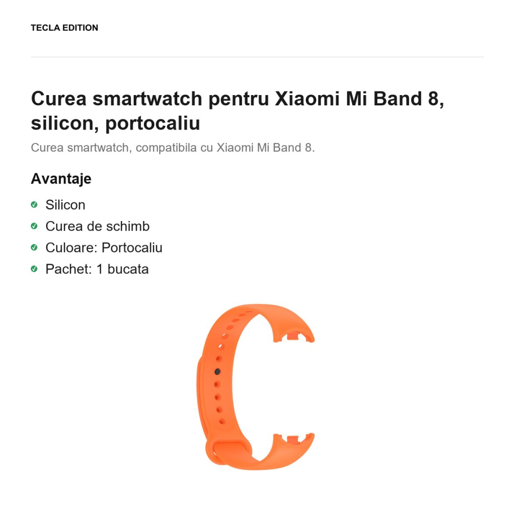 Curea smartwatch pentru Xiaomi Mi Band 8, silicon, portocaliu [2]