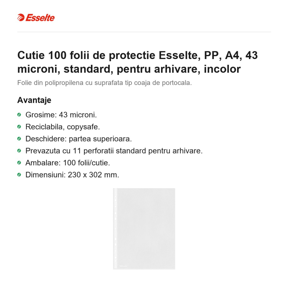 Cutie 100 folii de protectie Esselte, PP, A4, 43 microni, standard, pentru arhivare, incolor [2]