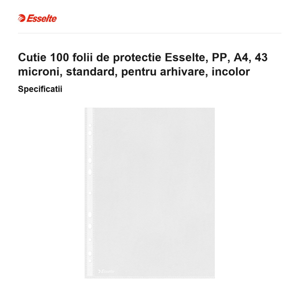 Cutie 100 folii de protectie Esselte, PP, A4, 43 microni, standard, pentru arhivare, incolor [3]