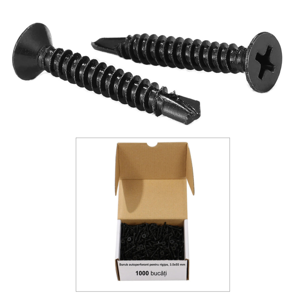 Cutie 1000 bucati Surub Autoperforant pentru Rigips, 3.5 x 55 mm, Cap Inecat, Otel Fosfatat, Lungime Extra, pentru Aplicatii Speciale Extreme [2]