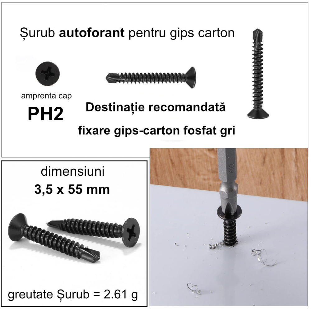 Cutie 1000 bucati Surub Autoperforant pentru Rigips, 3.5 x 55 mm, Cap Inecat, Otel Fosfatat, Lungime Extra, pentru Aplicatii Speciale Extreme [3]