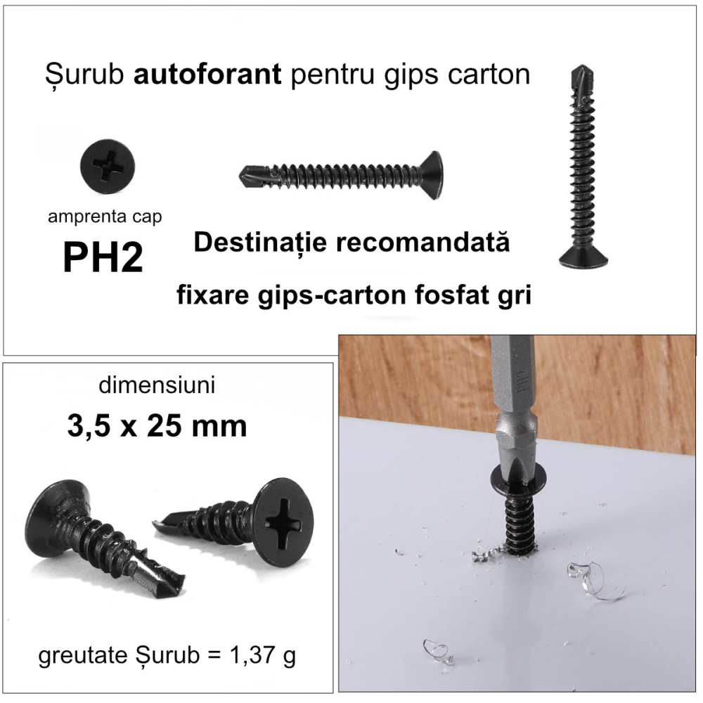 Cutie 1000 bucati Surub Autoperforant pentru Rigips, 3.5x25 mm, Cap Inecat, Otel Fosfatat, negre [3]