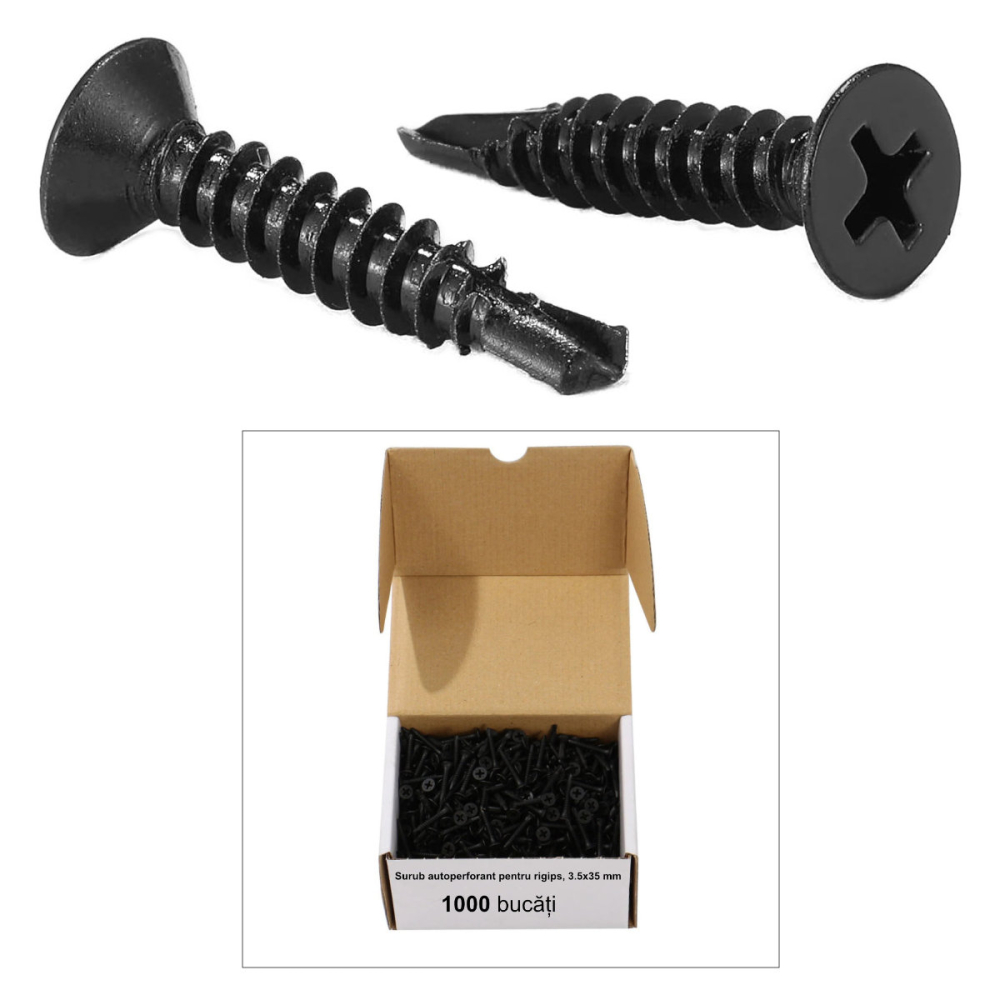 Cutie 1000 bucati Surub Autoperforant pentru Rigips, 3.5x35 mm, Cap Inecat, Otel Fosfatat, Aplicatii Standard, negre [2]