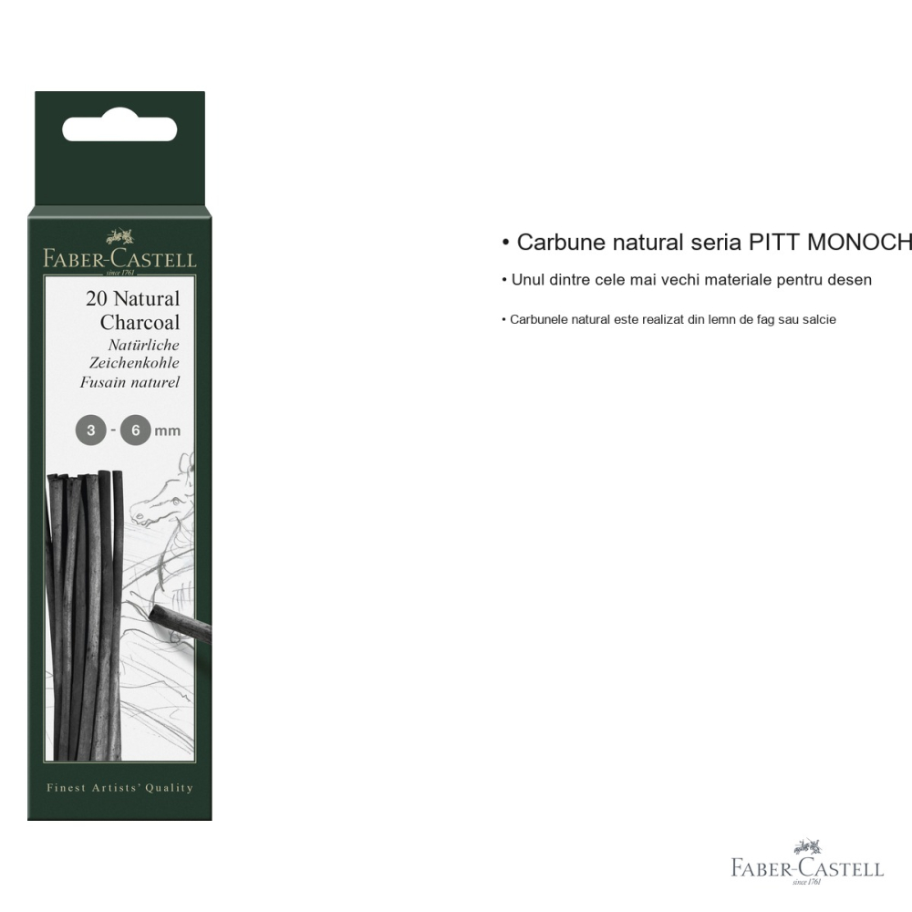 Cutie 20 bucati carbune natural Faber-Castell Pitt Monochrome, diametru 3-6mm, pentru desen artistic [3]