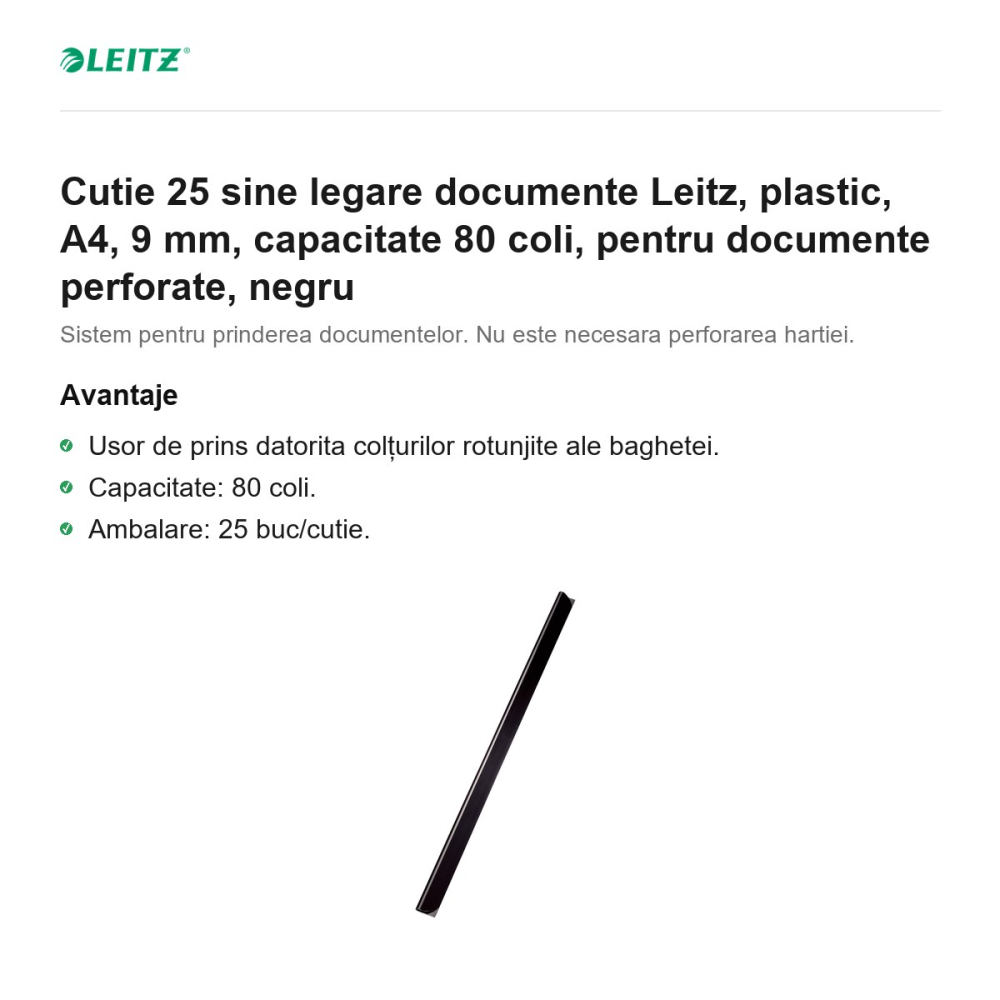 Cutie 25 sine legare documente Leitz, plastic, A4, 9 mm, capacitate 80 coli, pentru documente perforate, negru [2]