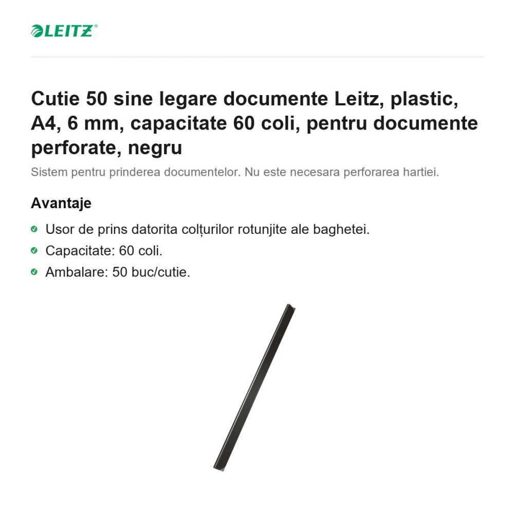 Cutie 50 sine legare documente Leitz, plastic, A4, 6 mm, capacitate 60 coli, pentru documente perforate, negru [2]