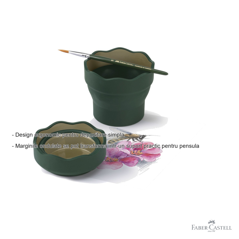 Cutie apa Click-Go Faber-Castell, design ergonomic cu margini ondulate, suport pensula integrat, verde [2]