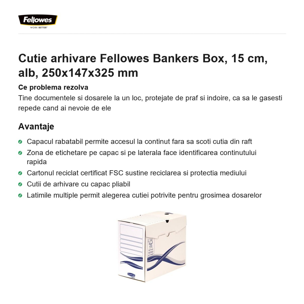 Cutie arhivare Fellowes Bankers Box, 15 cm, alb, 250x147x325 mm [2]