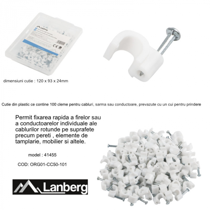 Cutie cu 100 bucati cleme cablu 5mm, Lanberg 41455, cui de otel 14mm, pentru prindere si fixare, albe [4]