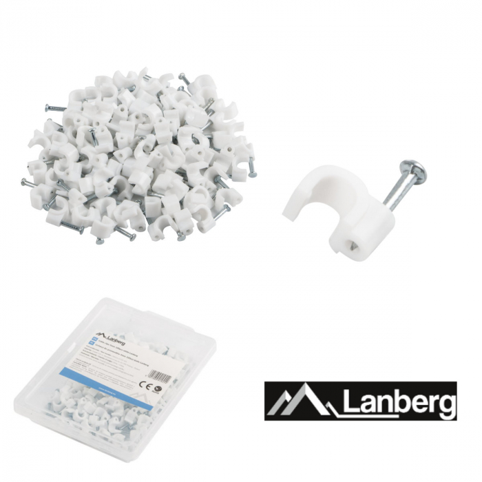 Cutie cu 100 bucati cleme cablu 5mm, Lanberg 41455, cui de otel 14mm, pentru prindere si fixare, albe [3]