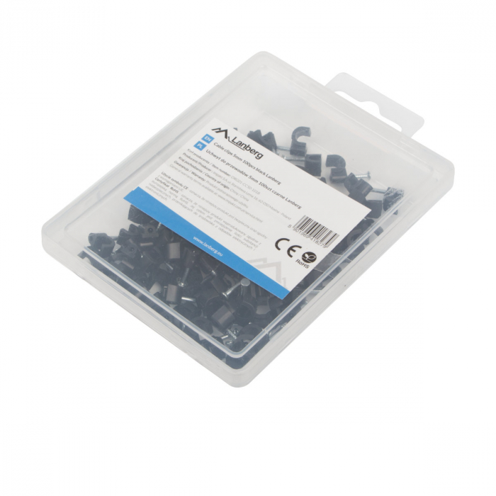 Cutie cu 100 bucati cleme cablu 5mm, Lanberg 41827, pentru prindere si fixare, negre [10]
