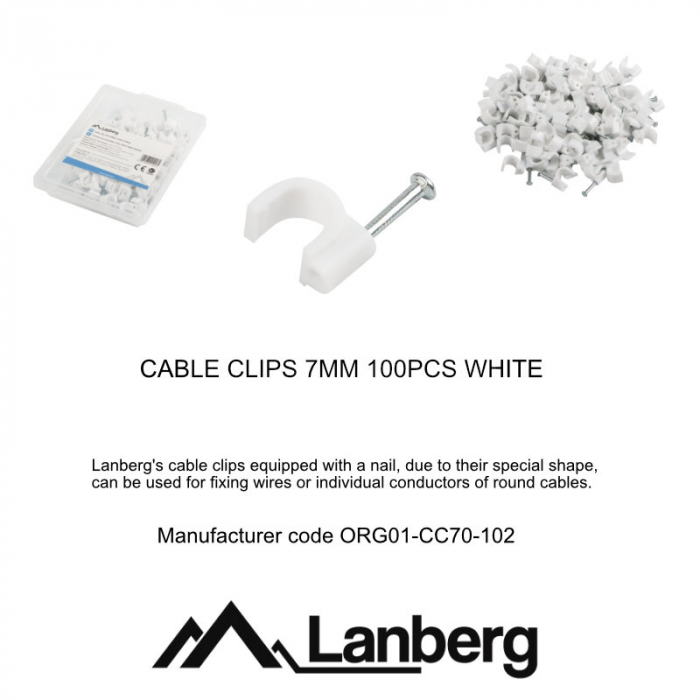 Cutie cu 100 bucati cleme cablu 7mm, Lanberg 41456, cui de otel 18mm, pentru prindere si fixare, albe [4]