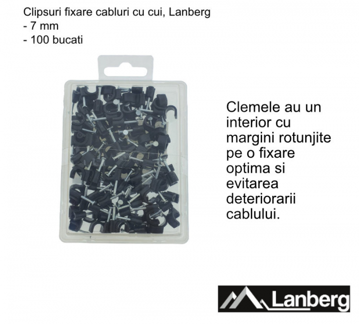 Cutie cu 100 bucati cleme cablu 7mm, Lanberg 41456, cui de otel 18mm, pentru prindere si fixare, negre [5]