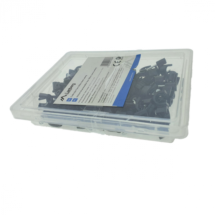 Cutie cu 100 bucati cleme cablu 7mm, Lanberg 41456, cui de otel 18mm, pentru prindere si fixare, negre [3]