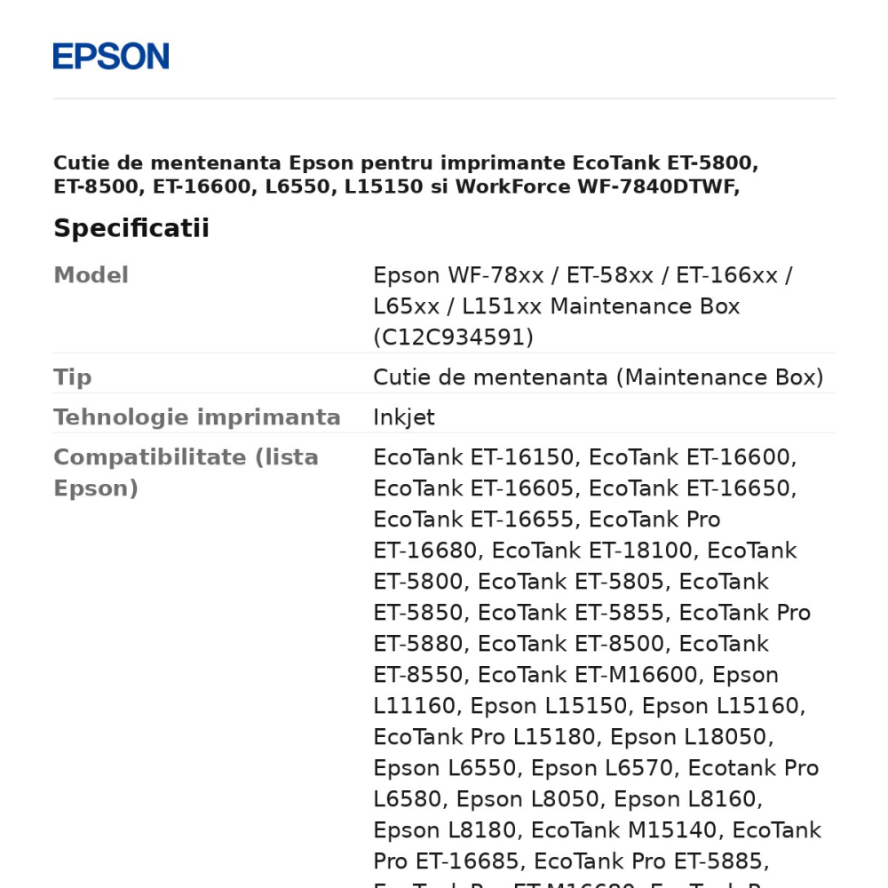 Cutie de mentenanta Epson pentru imprimante EcoTank ET-5800, ET-8500, ET-16600, L6550, L15150 si WorkForce WF-7840DTWF, C12C934591 [3]