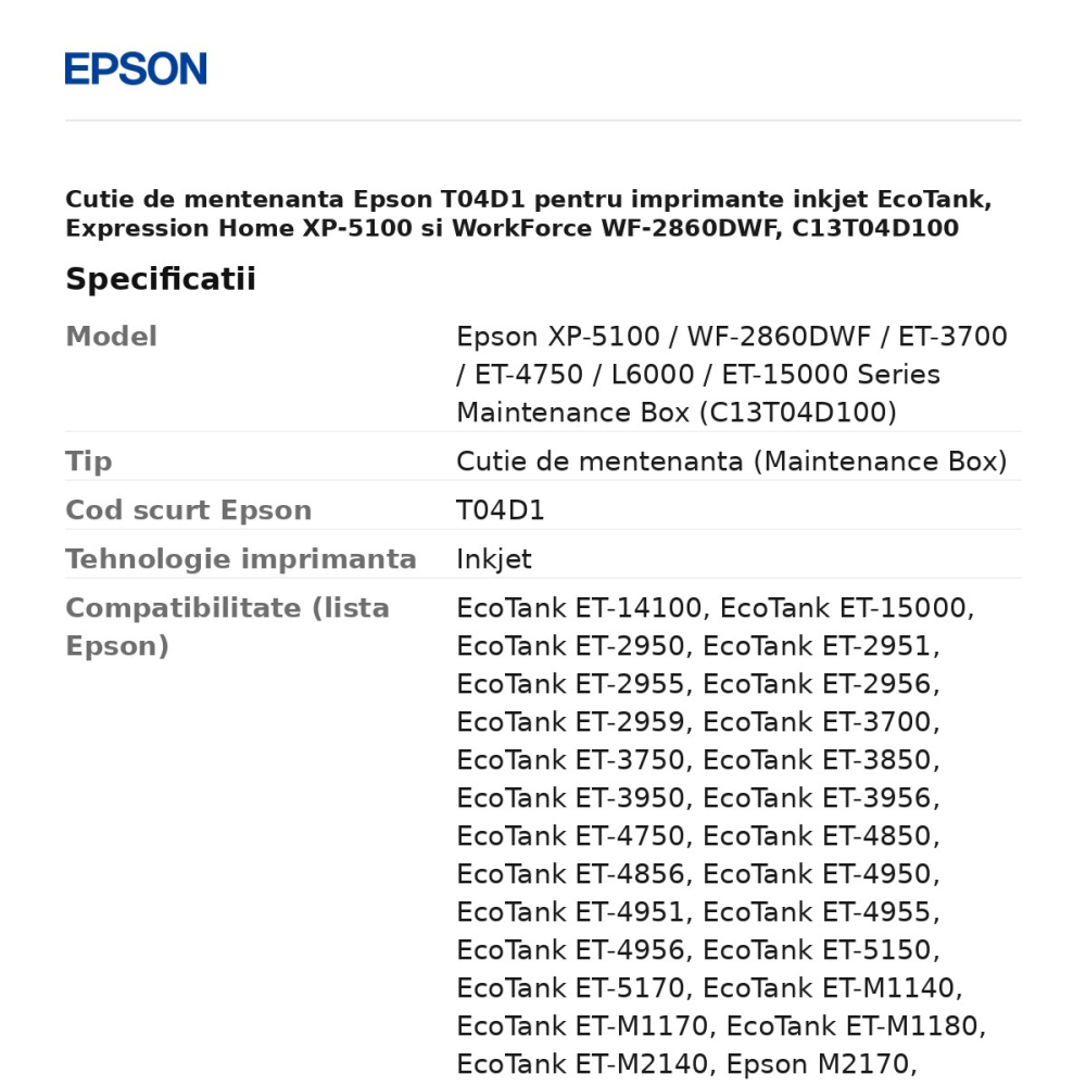 Cutie de mentenanta Epson T04D1 pentru imprimante inkjet EcoTank, Expression Home XP-5100 si WorkForce WF-2860DWF, C13T04D100 [3]
