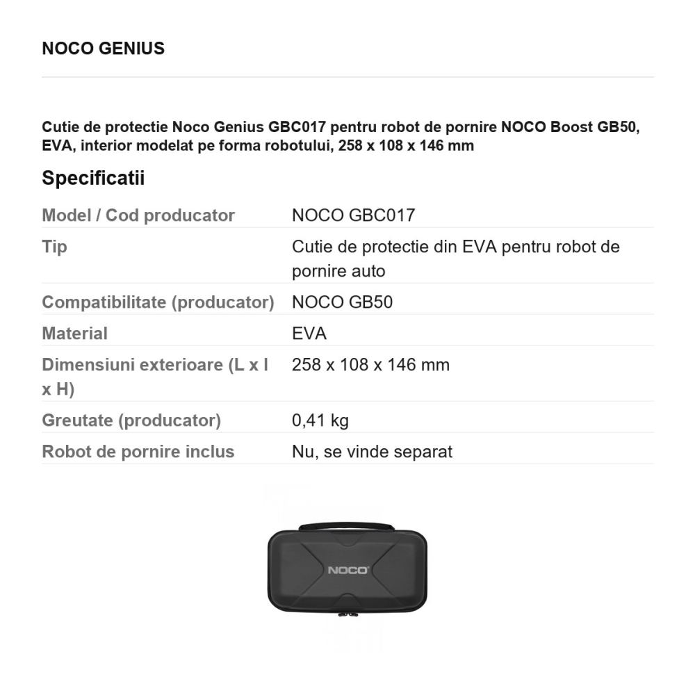 Cutie de protectie Noco Genius GBC017 pentru robot de pornire NOCO Boost GB50, EVA, interior modelat pe forma robotului, 258 x 108 x 146 mm [3]