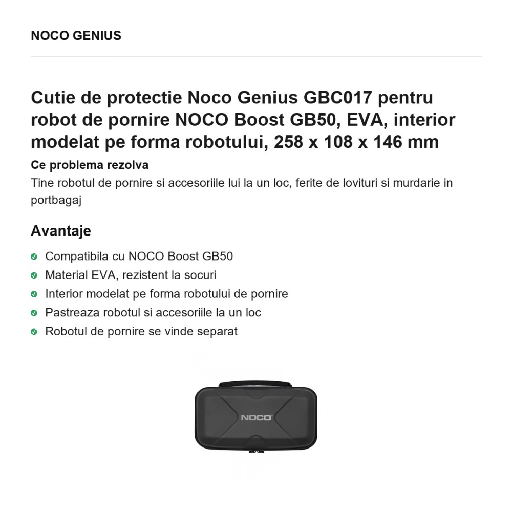 Cutie de protectie Noco Genius GBC017 pentru robot de pornire NOCO Boost GB50, EVA, interior modelat pe forma robotului, 258 x 108 x 146 mm [2]