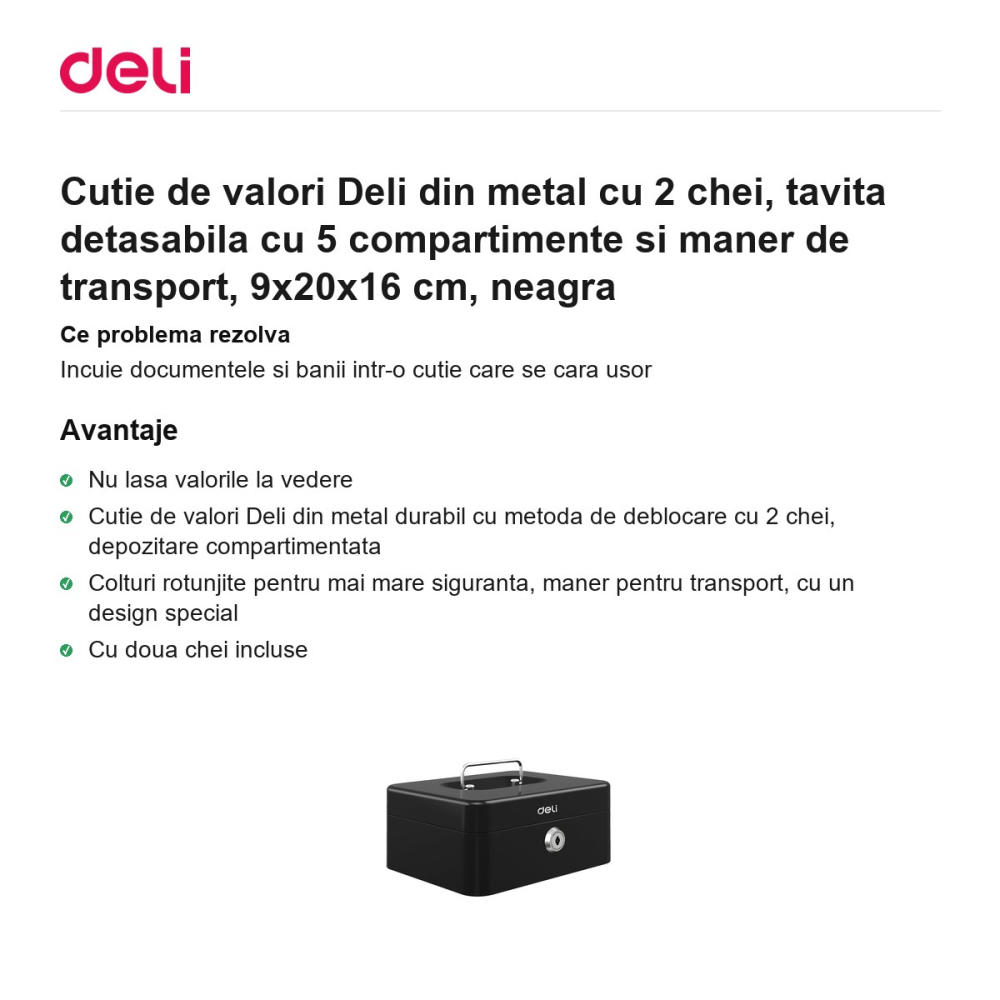 Cutie de valori Deli din metal cu 2 chei, tavita detasabila cu 5 compartimente si maner de transport, 9x20x16 cm, neagra [2]