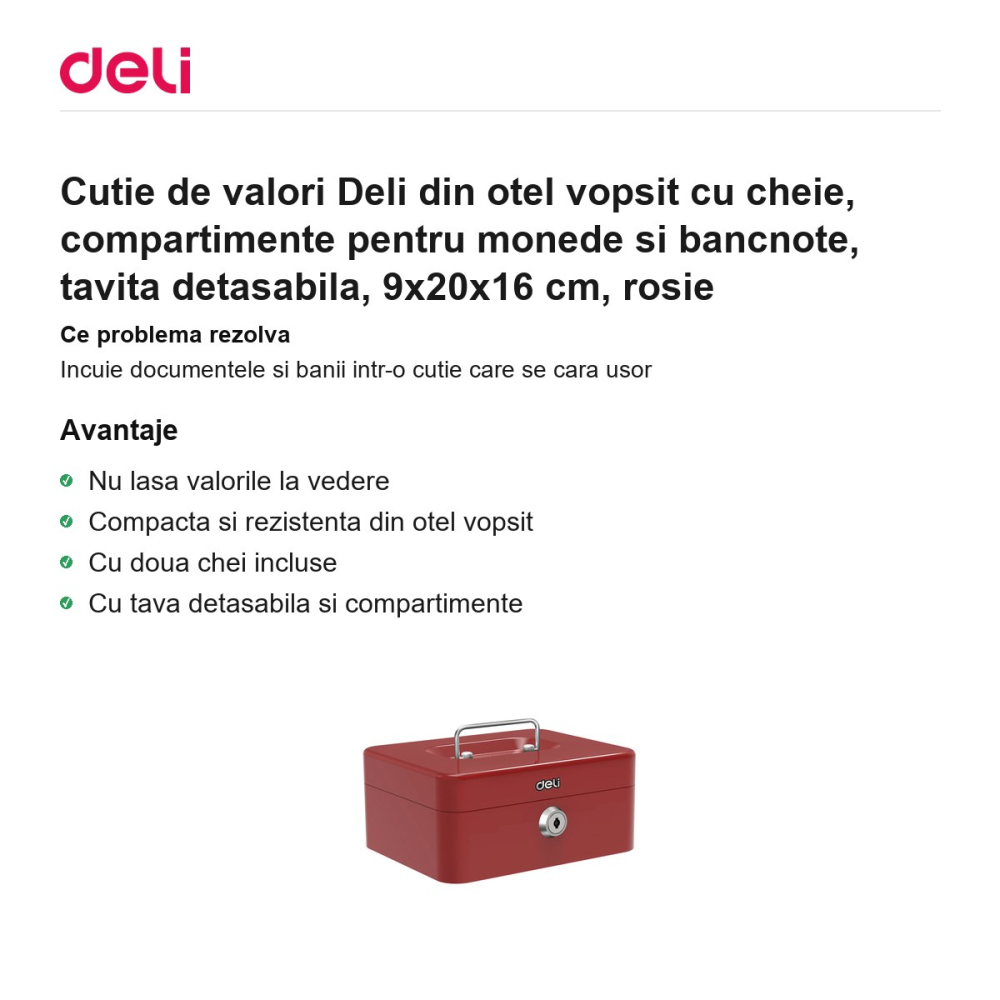 Cutie de valori Deli din otel vopsit cu cheie, compartimente pentru monede si bancnote, tavita detasabila, 9x20x16 cm, rosie [2]