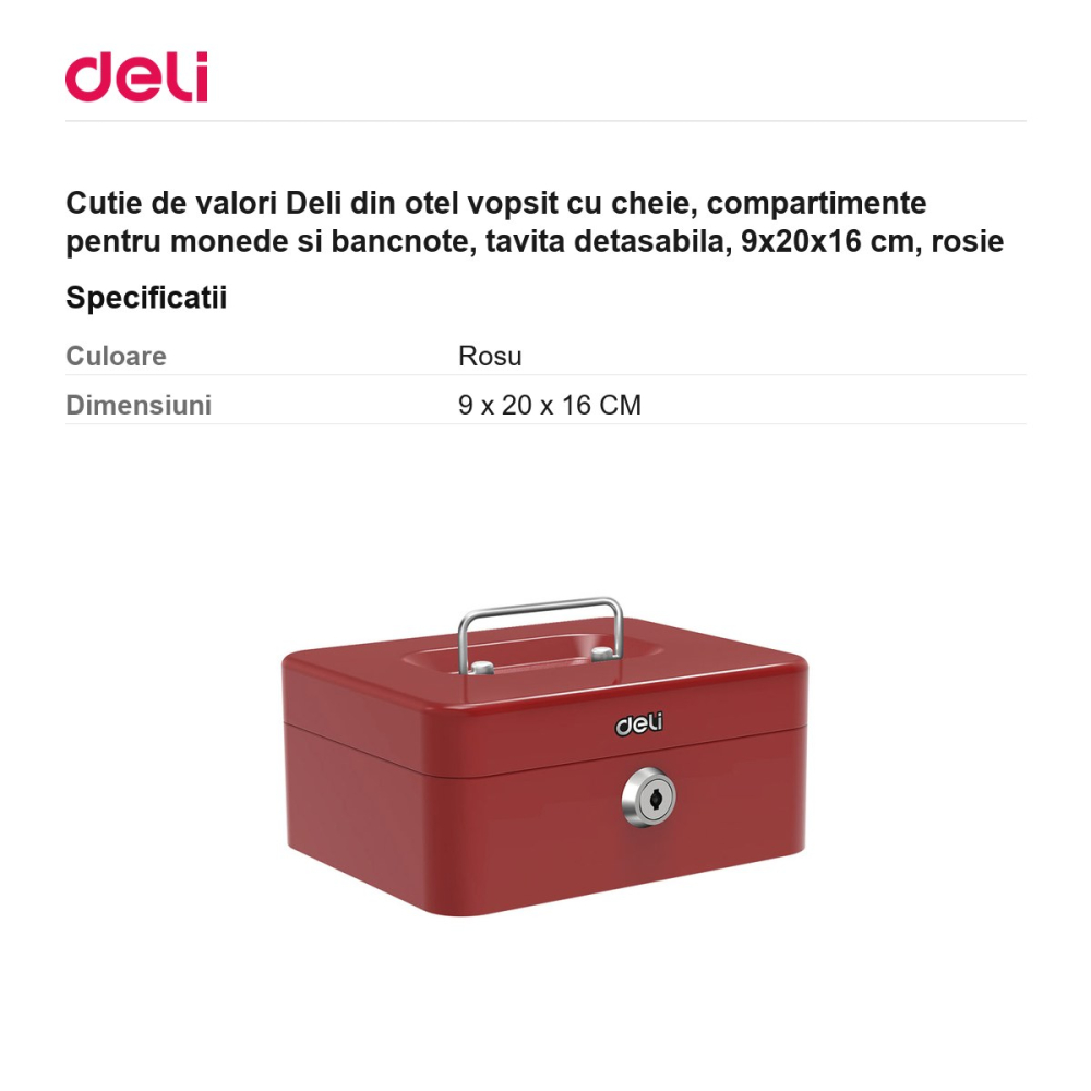 Cutie de valori Deli din otel vopsit cu cheie, compartimente pentru monede si bancnote, tavita detasabila, 9x20x16 cm, rosie [3]