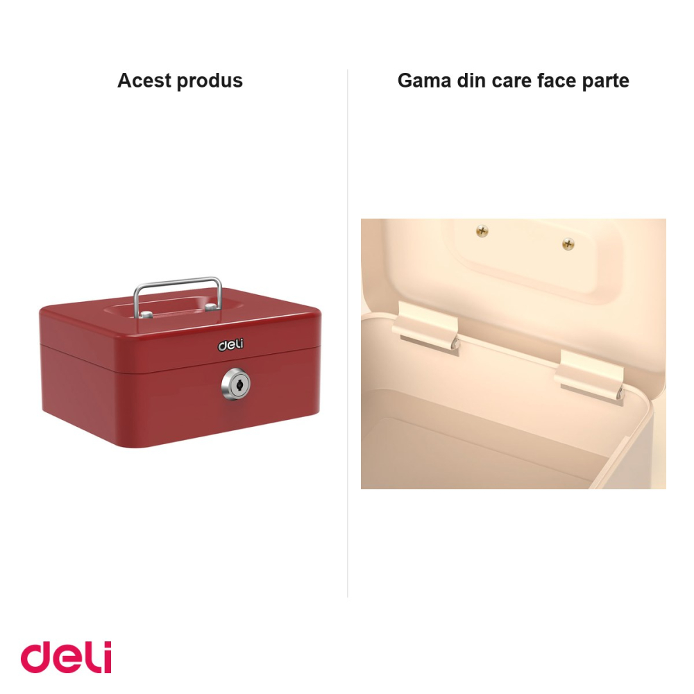 Cutie de valori Deli din otel vopsit cu cheie, compartimente pentru monede si bancnote, tavita detasabila, 9x20x16 cm, rosie [5]