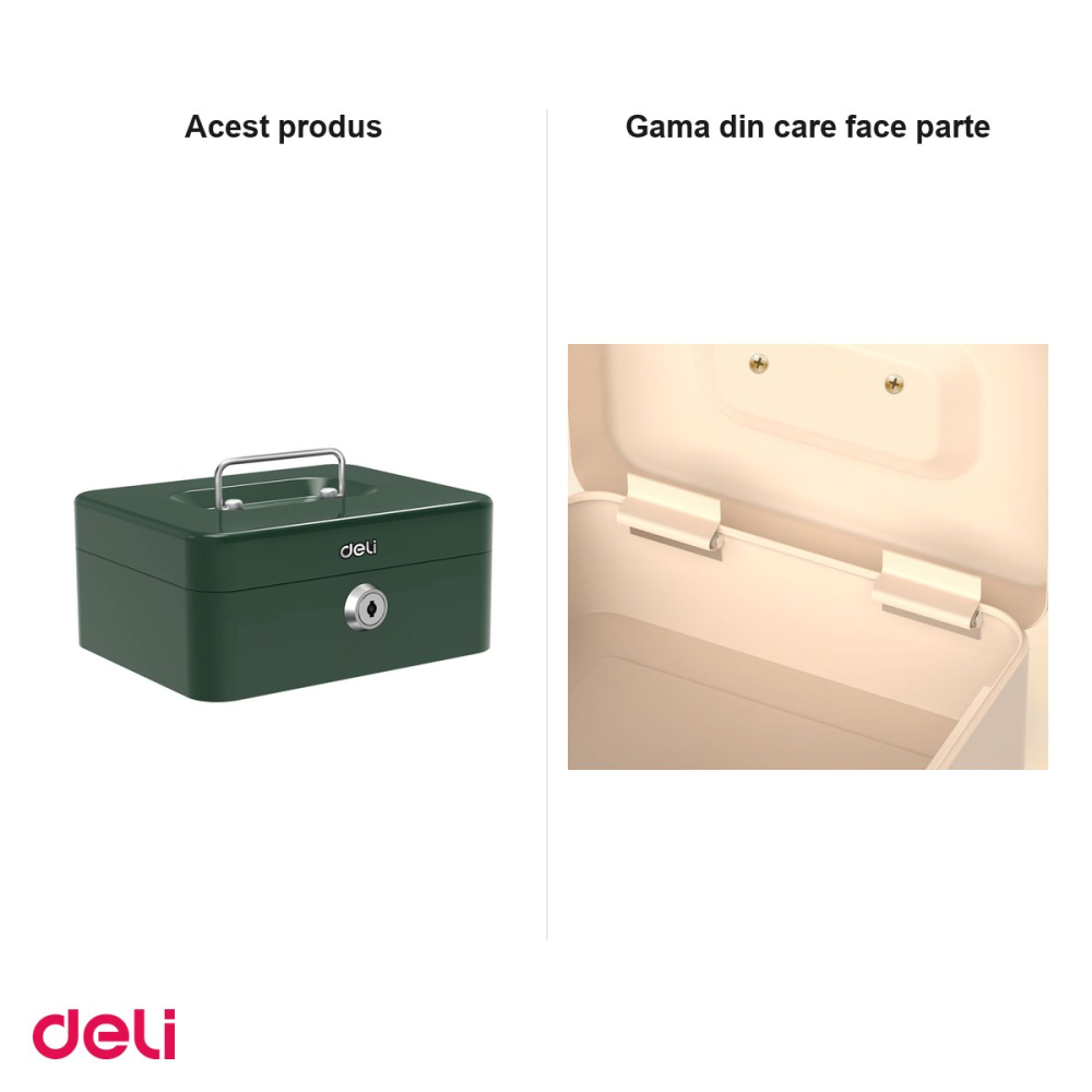 Cutie de valori Deli din otel vopsit cu cheie, compartimente pentru monede si bancnote, tavita detasabila, 9x20x16 cm, verde [5]