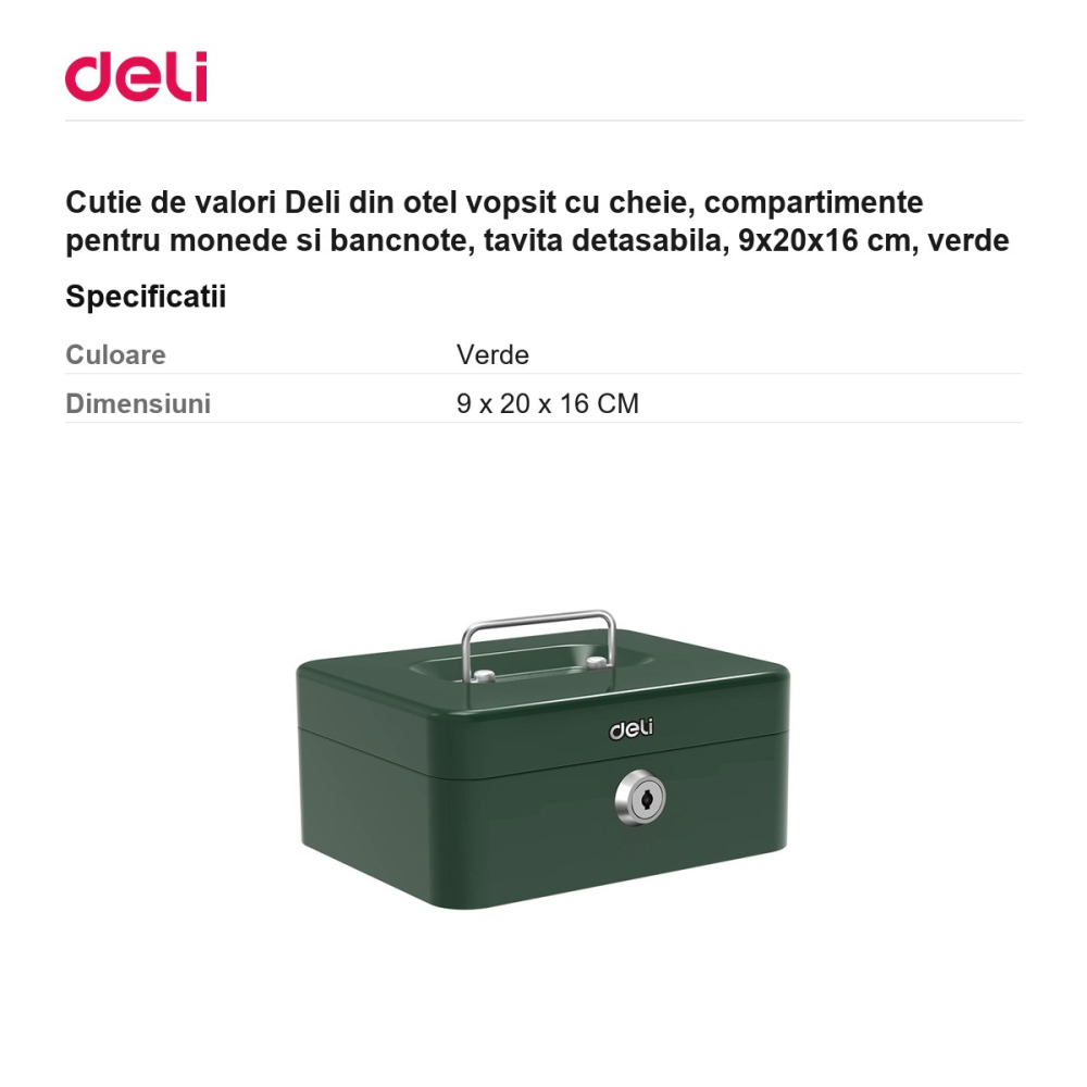 Cutie de valori Deli din otel vopsit cu cheie, compartimente pentru monede si bancnote, tavita detasabila, 9x20x16 cm, verde [3]