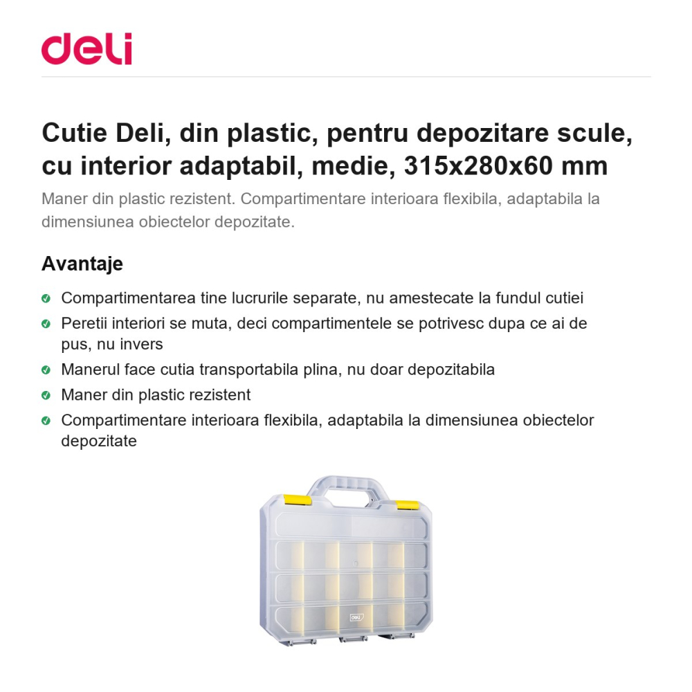 Cutie Deli, din plastic, pentru depozitare scule, cu interior adaptabil, medie, 315x280x60 mm [2]