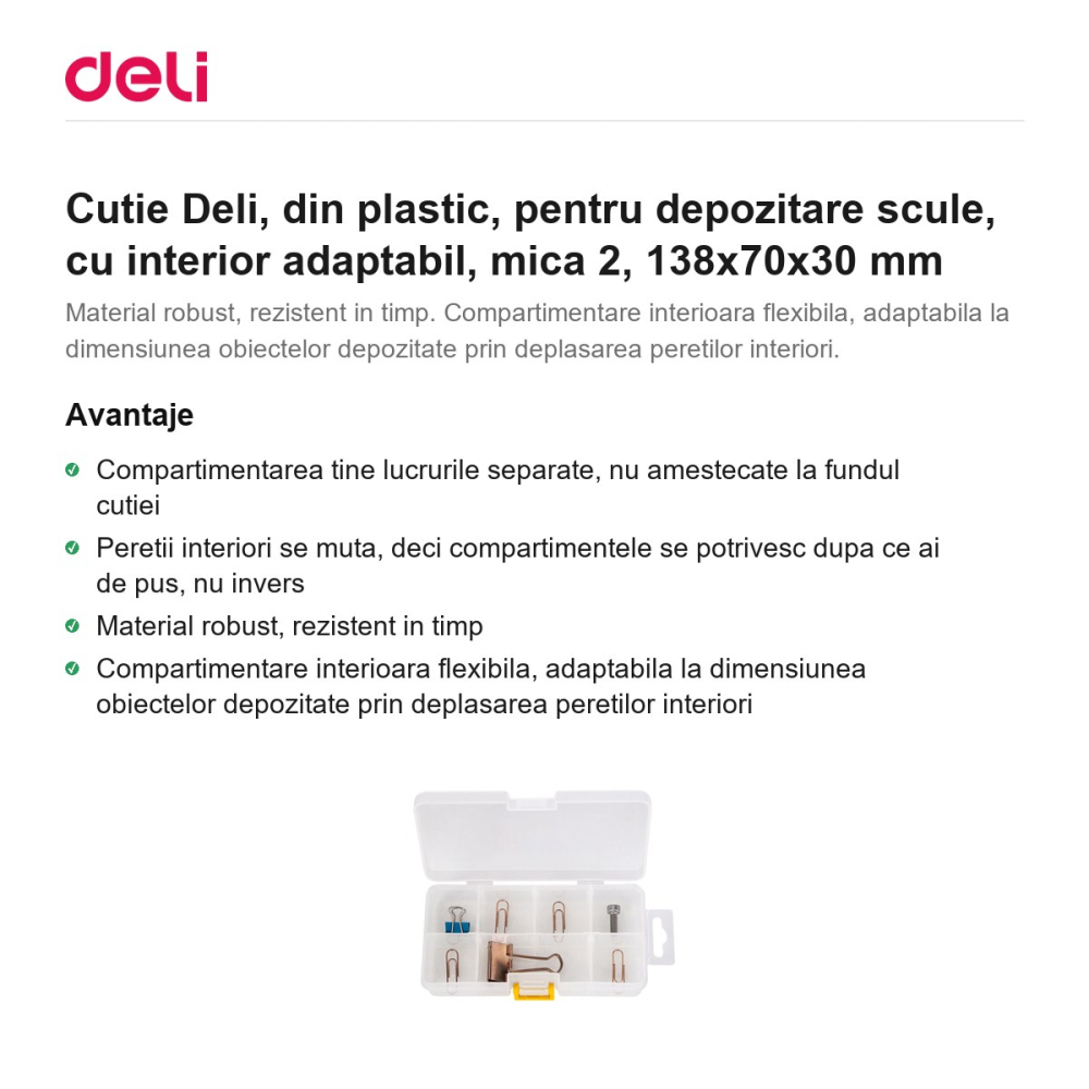 Cutie Deli, din plastic, pentru depozitare scule, cu interior adaptabil, mica 2, 138x70x30 mm [2]