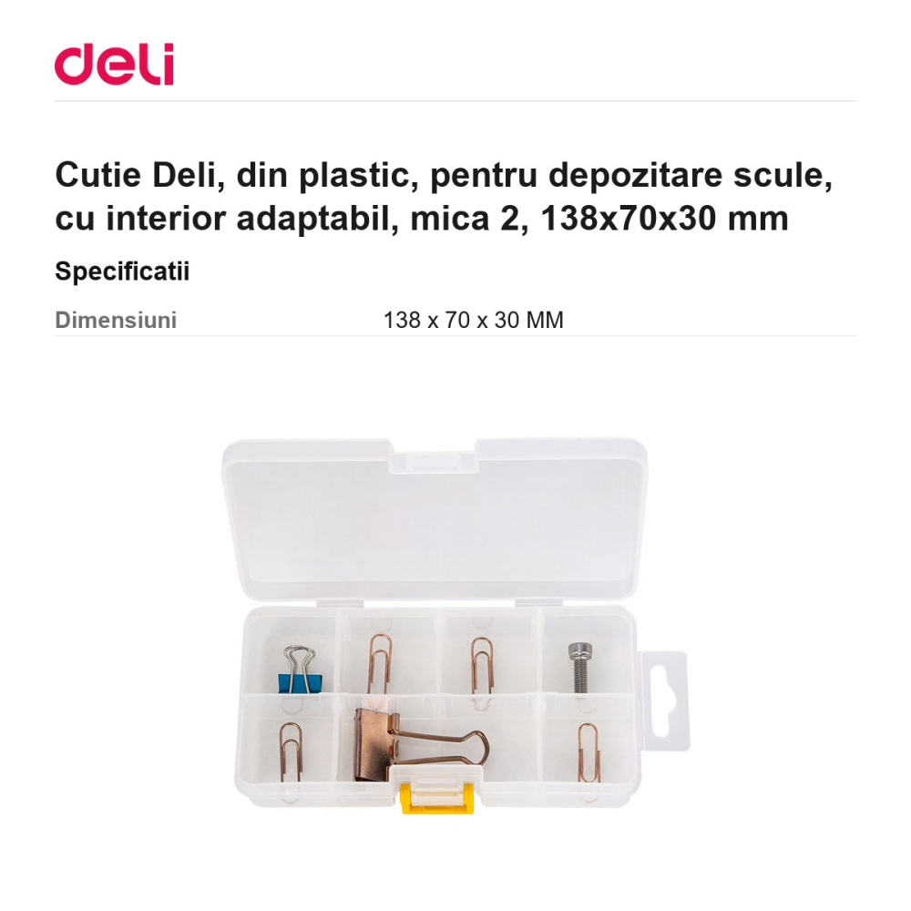 Cutie Deli, din plastic, pentru depozitare scule, cu interior adaptabil, mica 2, 138x70x30 mm [3]