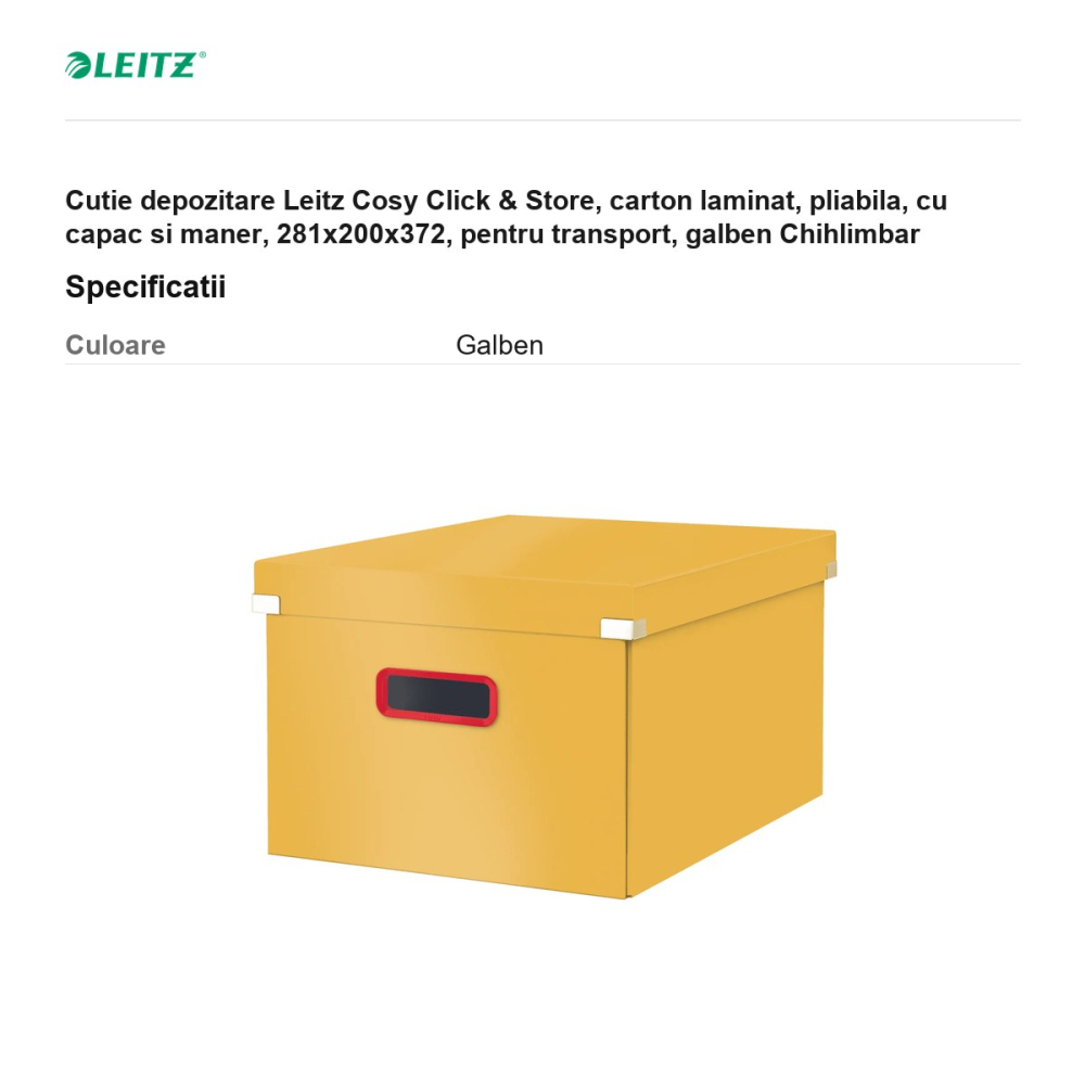 Cutie depozitare Leitz Cosy Click & Store, carton laminat, pliabila, cu capac si maner, 281x200x372, pentru transport, galben Chihlimbar [3]