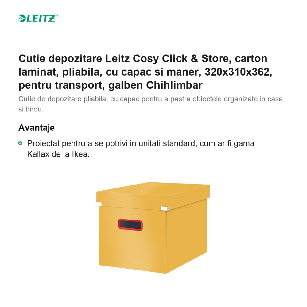 Cutie depozitare Leitz Cosy Click & Store, carton laminat, pliabila, cu capac si maner, 320x310x362, pentru transport, galben Chihlimbar [2]