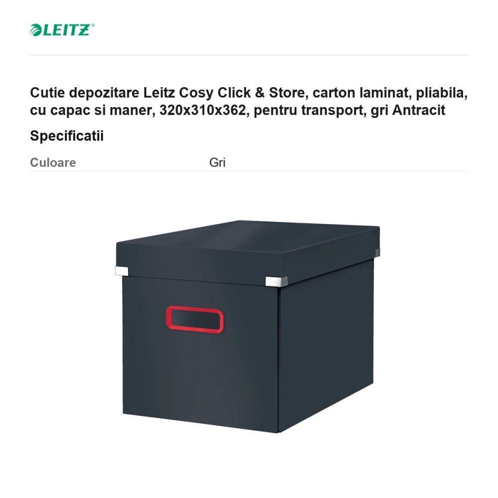 Cutie depozitare Leitz Cosy Click & Store, carton laminat, pliabila, cu capac si maner, 320x310x362, pentru transport, gri Antracit [3]