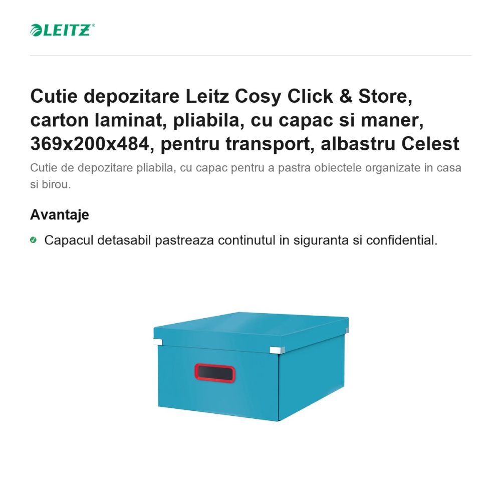 Cutie depozitare Leitz Cosy Click & Store, carton laminat, pliabila, cu capac si maner, 369x200x484, pentru transport, albastru Celest [2]