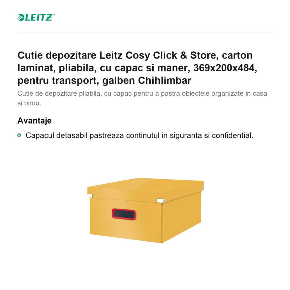 Cutie depozitare Leitz Cosy Click & Store, carton laminat, pliabila, cu capac si maner, 369x200x484, pentru transport, galben Chihlimbar [2]